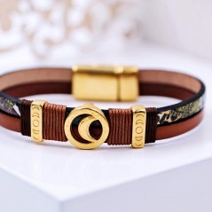 Leather bracelet with gold-plated and brown elements