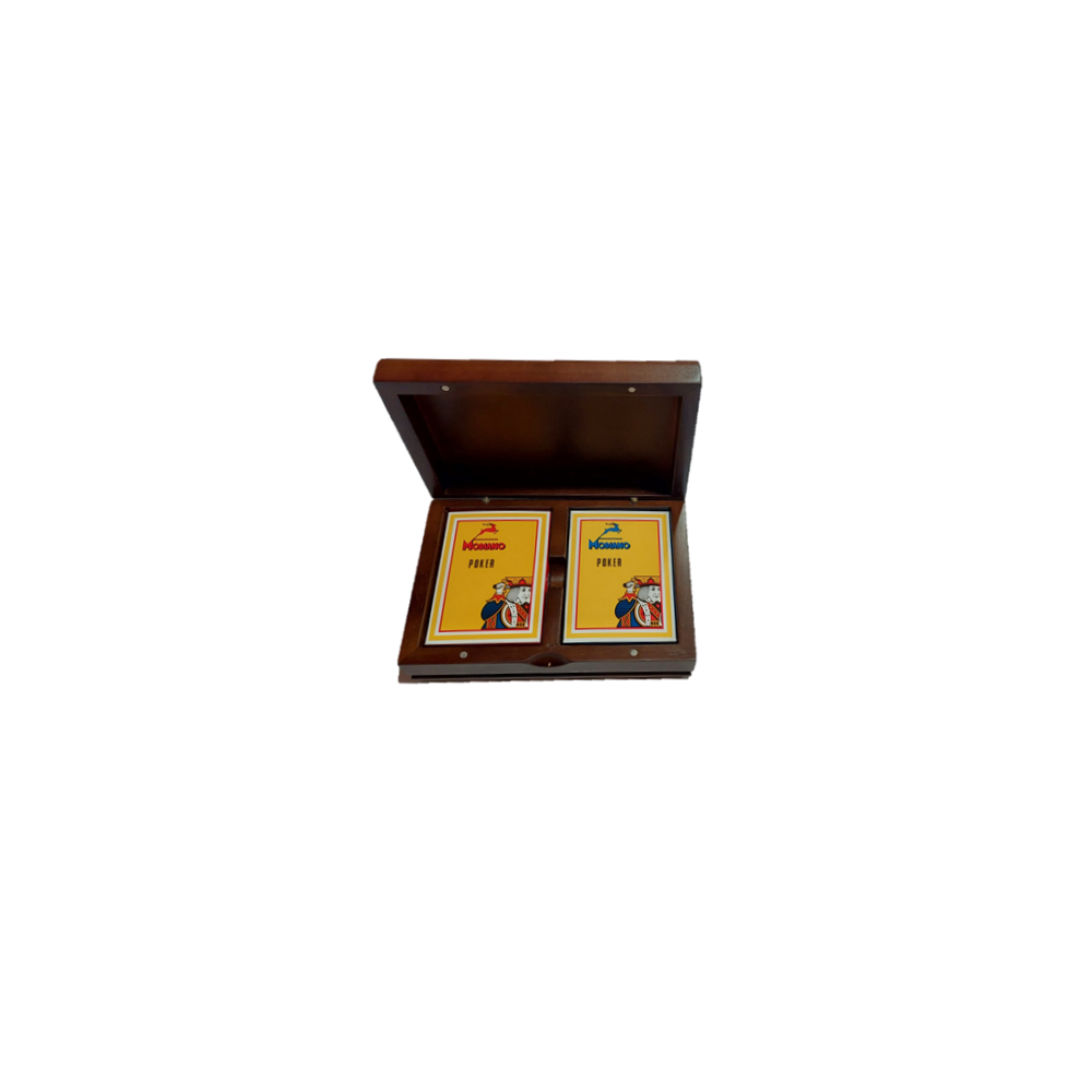 Double playing cards in a wooden box