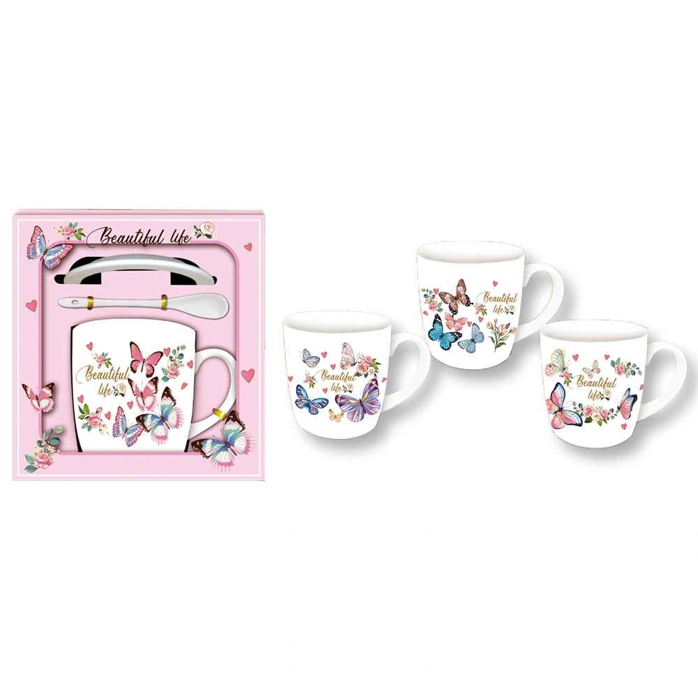 Gift set: Mug with saucer and spoon - Butterflies