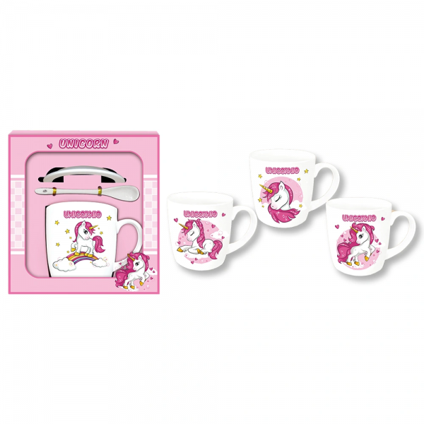 Gift set: Mug with saucer and spoon - Unicorn